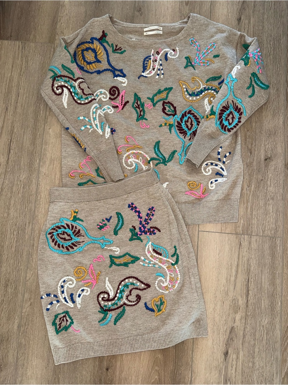 Anthropologie Neutral Motif Brown Embroidered Skirt Pullover Sweater Set XS